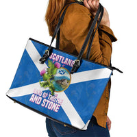 Scotland Leather Tote Bag with Blue Saltire Flag with Thistle Flowers Highland Landscape and Land of Thistle and Stone - Wonder Print Shop