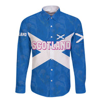 Scotland Long Sleeve Button Shirt with Blue Saltire Flag with Thistle Flowers Highland Landscape and Land of Thistle and Stone - Wonder Print Shop