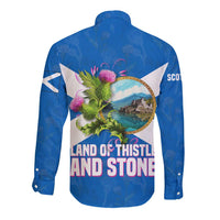 Scotland Long Sleeve Button Shirt with Blue Saltire Flag with Thistle Flowers Highland Landscape and Land of Thistle and Stone - Wonder Print Shop