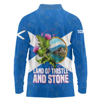 Scotland Long Sleeve Polo Shirt with Blue Saltire Flag with Thistle Flowers Highland Landscape and Land of Thistle and Stone - Wonder Print Shop