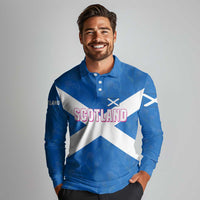 Scotland Long Sleeve Polo Shirt with Blue Saltire Flag with Thistle Flowers Highland Landscape and Land of Thistle and Stone - Wonder Print Shop