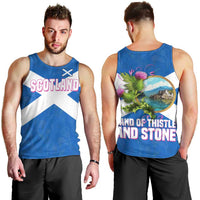 Scotland Men Tank Top with Blue Saltire Flag with Thistle Flowers Highland Landscape and Land of Thistle and Stone - Wonder Print Shop