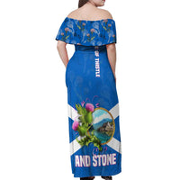 Scotland Off Shoulder Maxi Dress with Blue Saltire Flag with Thistle Flowers Highland Landscape and Land of Thistle and Stone - Wonder Print Shop
