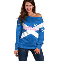 Scotland Off Shoulder Sweater with Blue Saltire Flag with Thistle Flowers Highland Landscape and Land of Thistle and Stone - Wonder Print Shop