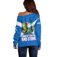 Scotland Off Shoulder Sweater with Blue Saltire Flag with Thistle Flowers Highland Landscape and Land of Thistle and Stone - Wonder Print Shop