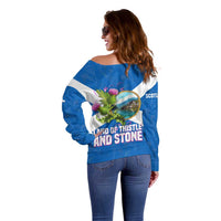 Scotland Off Shoulder Sweater with Blue Saltire Flag with Thistle Flowers Highland Landscape and Land of Thistle and Stone - Wonder Print Shop