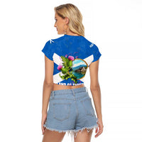 Scotland Raglan Cropped T Shirt with Blue Saltire Flag with Thistle Flowers Highland Landscape and Land of Thistle and Stone - Wonder Print Shop