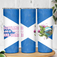 Scotland Skinny Tumbler with Blue Saltire Flag with Thistle Flowers Highland Landscape and Land of Thistle and Stone - Wonder Print Shop