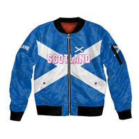 Scotland Sleeve Zip Bomber Jacket with Blue Saltire Flag with Thistle Flowers Highland Landscape and Land of Thistle and Stone - Wonder Print Shop
