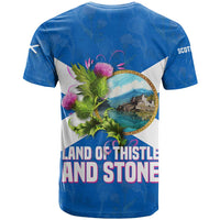 Scotland T Shirt with Blue Saltire Flag with Thistle Flowers Highland Landscape and Land of Thistle and Stone - Wonder Print Shop