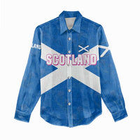 Scotland Women Casual Shirt with Blue Saltire Flag with Thistle Flowers Highland Landscape and Land of Thistle and Stone - Wonder Print Shop