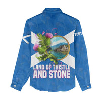 Scotland Women Casual Shirt with Blue Saltire Flag with Thistle Flowers Highland Landscape and Land of Thistle and Stone - Wonder Print Shop