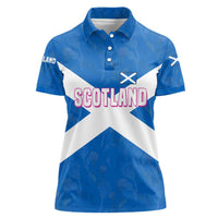 Scotland Women Polo Shirt with Blue Saltire Flag with Thistle Flowers Highland Landscape and Land of Thistle and Stone - Wonder Print Shop