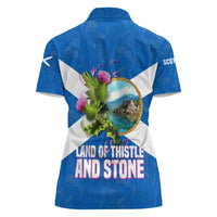 Scotland Women Polo Shirt with Blue Saltire Flag with Thistle Flowers Highland Landscape and Land of Thistle and Stone - Wonder Print Shop