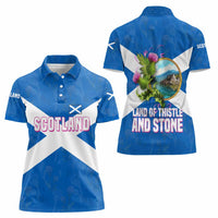 Scotland Women Polo Shirt with Blue Saltire Flag with Thistle Flowers Highland Landscape and Land of Thistle and Stone - Wonder Print Shop