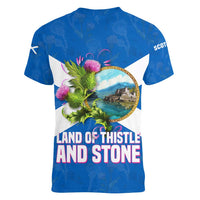 Scotland Women V-Neck T-Shirt with Blue Saltire Flag with Thistle Flowers Highland Landscape and Land of Thistle and Stone - Wonder Print Shop