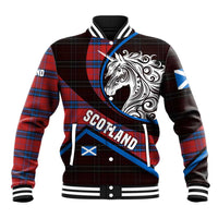 Scotland Baseball Jacket with Red Blue Tartan Pattern with Unicorn Illustration Saltire Flag and Where Tartan Meets Myth Quote Design - Wonder Print Shop