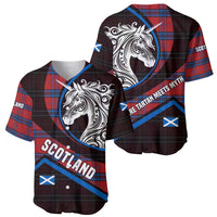 Scotland Baseball Jersey with Red Blue Tartan Pattern with Unicorn Illustration Saltire Flag and Where Tartan Meets Myth Quote Design - Wonder Print Shop