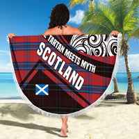 Scotland Beach Blanket with Red Blue Tartan Pattern with Unicorn Illustration Saltire Flag and Where Tartan Meets Myth Quote Design - Wonder Print Shop