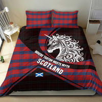 Scotland Bedding Set with Red Blue Tartan Pattern with Unicorn Illustration Saltire Flag and Where Tartan Meets Myth Quote Design - Wonder Print Shop