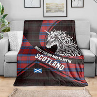 Scotland Blanket with Red Blue Tartan Pattern with Unicorn Illustration Saltire Flag and Where Tartan Meets Myth Quote Design - Wonder Print Shop
