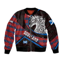 Scotland Bomber Jacket with Red Blue Tartan Pattern with Unicorn Illustration Saltire Flag and Where Tartan Meets Myth Quote Design - Wonder Print Shop