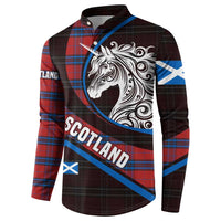 Scotland Button Sweatshirt with Red Blue Tartan Pattern with Unicorn Illustration Saltire Flag and Where Tartan Meets Myth Quote Design - Wonder Print Shop
