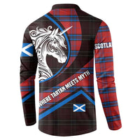 Scotland Button Sweatshirt with Red Blue Tartan Pattern with Unicorn Illustration Saltire Flag and Where Tartan Meets Myth Quote Design - Wonder Print Shop