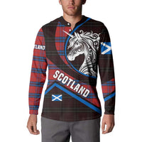 Scotland Button Sweatshirt with Red Blue Tartan Pattern with Unicorn Illustration Saltire Flag and Where Tartan Meets Myth Quote Design - Wonder Print Shop