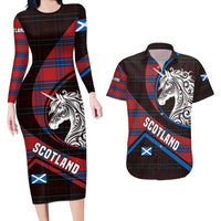 Scotland Couples Matching Long Sleeve Bodycon Dress and Hawaiian Shirt with Red Blue Tartan Pattern with Unicorn Illustration Saltire Flag and Where Tartan Meets Myth Quote Design - Wonder Print Shop