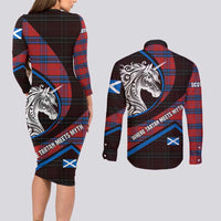 Scotland Couples Matching Long Sleeve Bodycon Dress and Long Sleeve Button Shirt with Red Blue Tartan Pattern with Unicorn Illustration Saltire Flag and Where Tartan Meets Myth Quote Design - Wonder Print Shop