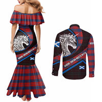 Scotland Couples Matching Mermaid Dress and Long Sleeve Button Shirt with Red Blue Tartan Pattern with Unicorn Illustration Saltire Flag and Where Tartan Meets Myth Quote Design - Wonder Print Shop