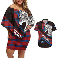 Scotland Couples Matching Off Shoulder Short Dress and Hawaiian Shirt with Red Blue Tartan Pattern with Unicorn Illustration Saltire Flag and Where Tartan Meets Myth Quote Design - Wonder Print Shop