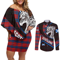 Scotland Couples Matching Off Shoulder Short Dress and Long Sleeve Button Shirt with Red Blue Tartan Pattern with Unicorn Illustration Saltire Flag and Where Tartan Meets Myth Quote Design - Wonder Print Shop