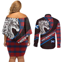 Scotland Couples Matching Off Shoulder Short Dress and Long Sleeve Button Shirt with Red Blue Tartan Pattern with Unicorn Illustration Saltire Flag and Where Tartan Meets Myth Quote Design - Wonder Print Shop