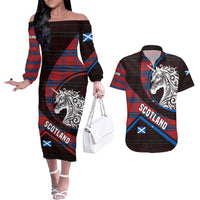 Scotland Couples Matching Off The Shoulder Long Sleeve Dress and Hawaiian Shirt with Red Blue Tartan Pattern with Unicorn Illustration Saltire Flag and Where Tartan Meets Myth Quote Design - Wonder Print Shop