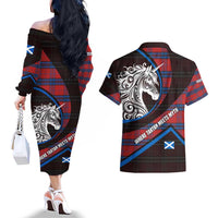 Scotland Couples Matching Off The Shoulder Long Sleeve Dress and Hawaiian Shirt with Red Blue Tartan Pattern with Unicorn Illustration Saltire Flag and Where Tartan Meets Myth Quote Design - Wonder Print Shop