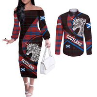 Scotland Couples Matching Off The Shoulder Long Sleeve Dress and Long Sleeve Button Shirt with Red Blue Tartan Pattern with Unicorn Illustration Saltire Flag and Where Tartan Meets Myth Quote Design - Wonder Print Shop