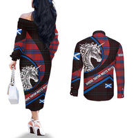 Scotland Couples Matching Off The Shoulder Long Sleeve Dress and Long Sleeve Button Shirt with Red Blue Tartan Pattern with Unicorn Illustration Saltire Flag and Where Tartan Meets Myth Quote Design - Wonder Print Shop