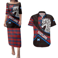 Scotland Couples Matching Puletasi and Hawaiian Shirt with Red Blue Tartan Pattern with Unicorn Illustration Saltire Flag and Where Tartan Meets Myth Quote Design - Wonder Print Shop