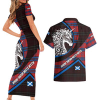 Scotland Couples Matching Short Sleeve Bodycon Dress and Hawaiian Shirt with Red Blue Tartan Pattern with Unicorn Illustration Saltire Flag and Where Tartan Meets Myth Quote Design - Wonder Print Shop