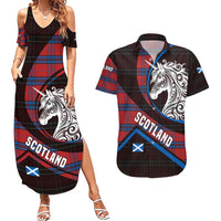 Scotland Couples Matching Summer Maxi Dress and Hawaiian Shirt with Red Blue Tartan Pattern with Unicorn Illustration Saltire Flag and Where Tartan Meets Myth Quote Design - Wonder Print Shop