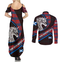 Scotland Couples Matching Summer Maxi Dress and Long Sleeve Button Shirt with Red Blue Tartan Pattern with Unicorn Illustration Saltire Flag and Where Tartan Meets Myth Quote Design - Wonder Print Shop