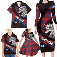 Scotland Family Matching Long Sleeve Bodycon Dress and Hawaiian Shirt with Red Blue Tartan Pattern with Unicorn Illustration Saltire Flag and Where Tartan Meets Myth Quote Design - Wonder Print Shop