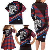 Scotland Family Matching Long Sleeve Bodycon Dress and Hawaiian Shirt with Red Blue Tartan Pattern with Unicorn Illustration Saltire Flag and Where Tartan Meets Myth Quote Design - Wonder Print Shop