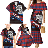 Scotland Family Matching Mermaid Dress and Hawaiian Shirt with Red Blue Tartan Pattern with Unicorn Illustration Saltire Flag and Where Tartan Meets Myth Quote Design - Wonder Print Shop