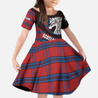 Scotland Family Matching Off The Shoulder Long Sleeve Dress and Hawaiian Shirt with Red Blue Tartan Pattern with Unicorn Illustration Saltire Flag and Where Tartan Meets Myth Quote Design - Wonder Print Shop