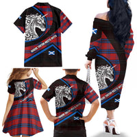 Scotland Family Matching Off The Shoulder Long Sleeve Dress and Hawaiian Shirt with Red Blue Tartan Pattern with Unicorn Illustration Saltire Flag and Where Tartan Meets Myth Quote Design - Wonder Print Shop