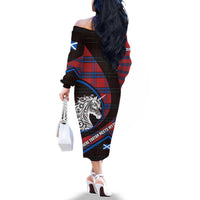 Scotland Family Matching Off The Shoulder Long Sleeve Dress and Hawaiian Shirt with Red Blue Tartan Pattern with Unicorn Illustration Saltire Flag and Where Tartan Meets Myth Quote Design - Wonder Print Shop