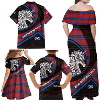 Scotland Family Matching Off Shoulder Maxi Dress and Hawaiian Shirt with Red Blue Tartan Pattern with Unicorn Illustration Saltire Flag and Where Tartan Meets Myth Quote Design - Wonder Print Shop